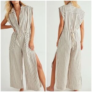 Free People Beach Town Striped Jumpsuit Linen Blend
